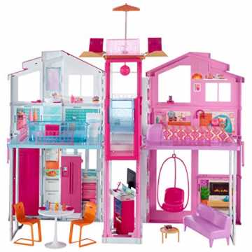 Barbie DLY32 - 3 Etagen Stadthaus Puppenhaus mit 4 Zimmer, Aufzug und Zubehör, ca. 75 cm hoch, Mädchen Spielzeug ab 3...