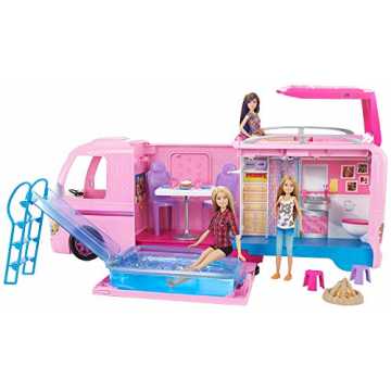 Barbie FBR34 - Super Abenteuer Camper, Puppen Camping Wohnwagen mit Zubehör, Mädchen Spielzeug ab 3 Jahren