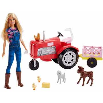 Barbie FRM18 - Bäuerin Puppe mit Traktor, abnehmbaren Anhänger und 5 Tiere, Bauernhof Puppen Spielset, Mädchen Spielz...