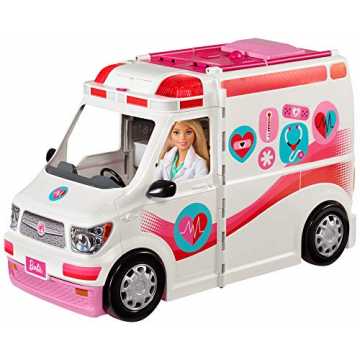 Barbie FRM19 - 2-in-1 Krankenwagen, aufklappbares Fahrzeug mit Licht und Geräuschen, Puppen Spielset mit Zubehör, Mäd...