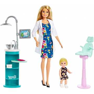 Barbie FXP16 - Berufe Zahnärztin Spielset, inkl. Puppe und Babypuppe mit blonden Haaren, Puppen Spielzeug ab 3 Jahren