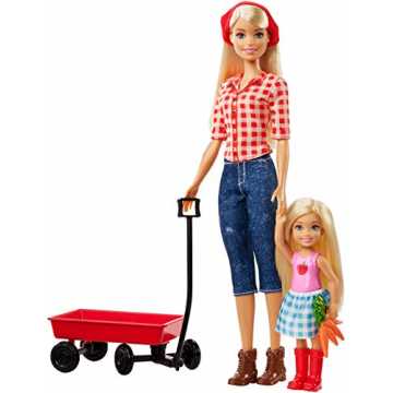 Barbie GCK84 - Farm Barbie und Chelsea Puppe mit rotem Ziehwagen und Zubehör, Puppen und Puppenzubehör ab 3 Jahren