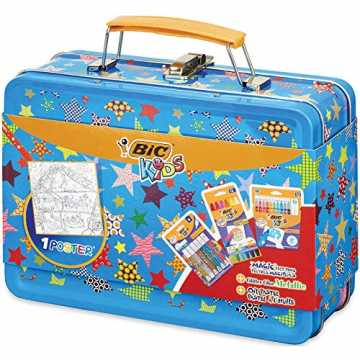 BIC Kids 942099 Malkoffer-Set (mit 12 Ölmalkreiden, 12 Magic Filzstifte, 6 Tuben Glitter-Kleber und 1 Poster zum Ausm...
