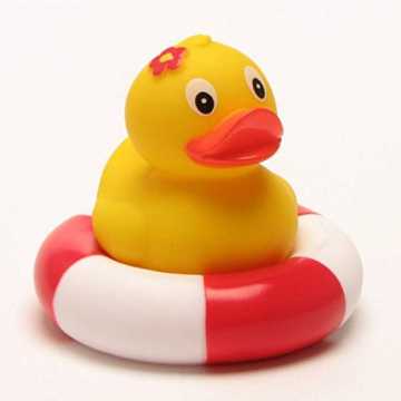 Greenheimhwimmring | Quietscheente | H: 8 cm- L: 6 cm B: 6 cm H: 8 cm..  Steh-Badeente mit Blume im Schwimmring I Quietscheente I H: 8 cm nachhaltig