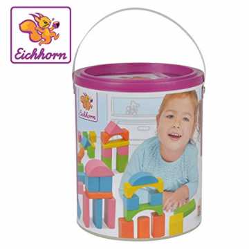 Eichhorn 100088001 - Holzbausteine im Happy Colours Design; in der Trommel zur Aufbewah...