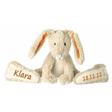 Greenheimhochwertige Artikel ausgesucht und individuell für Sie angef.. e Stofftier Hase mit großen Füßchen mit Namen und Geburtsdatum personalisiert Geschenk beige orange 42cm nachhaltig