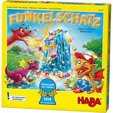 Haba 303402 - Funkelschatz Brettspiel, lustiges Mitbringspiel für 2-4 Spieler ab 5 Jahren, mit 90 Funkelsteinen und 9...