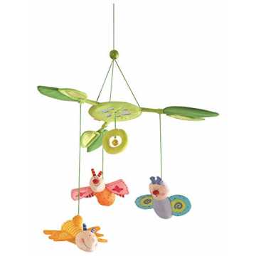 Haba 3735 - Mobile Blütenfalter, Baby-Mobile zum Aufhängen mit 3 abnehmbaren Schmetterlingen, Blätterdach mit Glöckch...