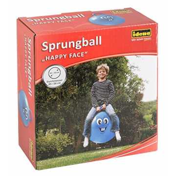 4 - Sprungball Happy Face in blau, Durchmesser ca. 45 - 50 cm, belastbar bis ... nachhaltig