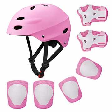 Kinder Sport-Schutzausrüstung von KUYOU, 7PCS Knieschoner Ellenbogenschoner Handgelenkschutz Helm Schutzset zum Drauß...