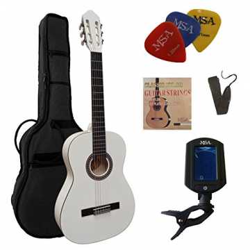 E - KONZERTGITARRE IM SET - CLASSIC - WEIß - DECKE LINDENHOLZ - TASCHE - BAND - SAITEN - 3xPIK - STIMMGERÄT... nachhaltig