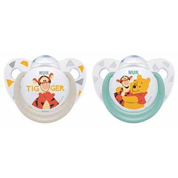 NUK 10175170 Disney Winnie Silikon-Schnuller, kiefergerechte Form, 0-6 Monate, 2 Stück, Boy, weiß