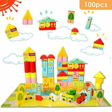 Onshine 100 Teile Holzbausteine Holzspielzeug Bauklötze Bausteine Holz ab 3 Jahr Kinder...
