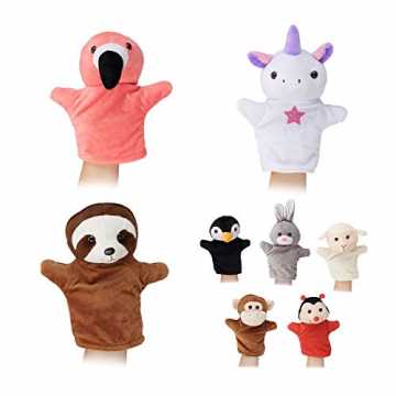 Greenheimm Spielen für Kinder und Geschichten erzählen für Erwachsene.. Handpuppen für Kinder, 8er Set Tiere, AFFE, Einhorn, Faultier, Flamingo, Handspielpuppen, weiches Plüsch, bunt nachhaltig
