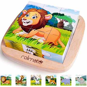 Rolimate Bilderwürfel Holz, Würfelpuzzle Puzzlespiele 6 in 1Tier-Motive mit 9 Würfel Ho...