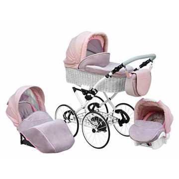 GreenheimKombi Kinderwagen inkl. Babywanne, Sport Buggyaufsatz, Babys.. assisch Retro Stil Wicker LUX Kombi-Kinderwagen Buggy 3in1 Reise System Autositz (Isofix) (Light Pink/17"Rä... nachhaltig