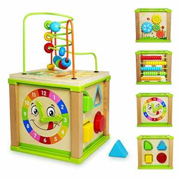 Aktivität Würfel,5 in 1 Motorikwürfel Cube Toy Holzperle Labyrinth Form Motorikschleife...